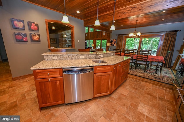 kitchen with wood ceiling, hanging light fixtures, stainless steel dishwasher, light stone countertops, and brown cabinetry