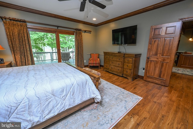 bedroom with ceiling fan, ornamental molding, hardwood / wood-style flooring, and access to outside