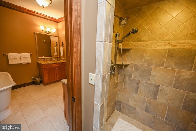 full bathroom with a shower stall, ornamental molding, tile patterned flooring, and vanity