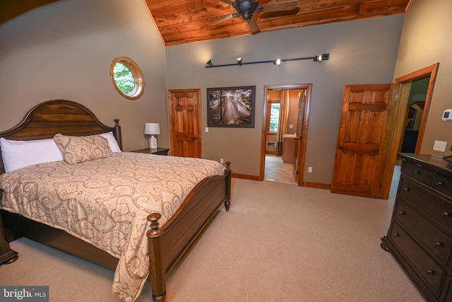 bedroom with light carpet, high vaulted ceiling, wood ceiling, and baseboards