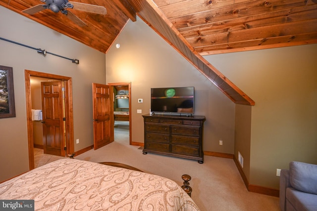 bedroom with light carpet, visible vents, baseboards, wooden ceiling, and beamed ceiling