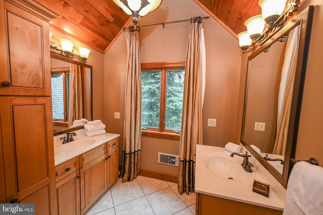 bathroom with wooden ceiling, visible vents, vaulted ceiling, and vanity