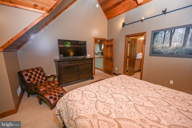 bedroom featuring baseboards, high vaulted ceiling, wood ceiling, and light colored carpet