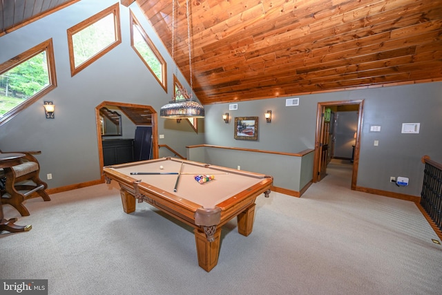 game room with light carpet, baseboards, visible vents, lofted ceiling, and wooden ceiling