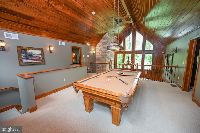 game room featuring vaulted ceiling, pool table, carpet flooring, ceiling fan, and wooden ceiling