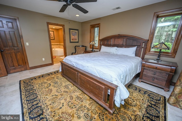 bedroom with recessed lighting, visible vents, connected bathroom, ceiling fan, and baseboards