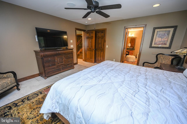 bedroom featuring a ceiling fan, recessed lighting, baseboards, and ensuite bathroom