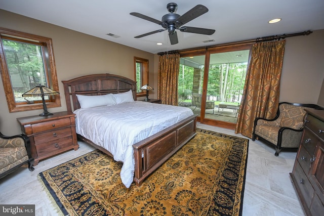 bedroom with access to exterior, visible vents, a ceiling fan, and recessed lighting