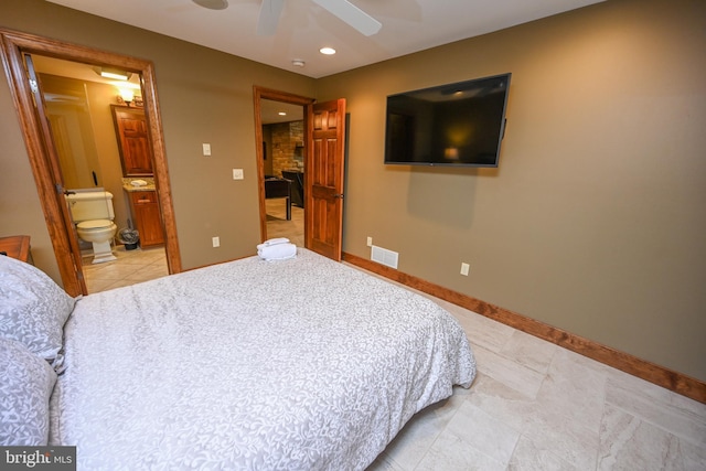 bedroom featuring recessed lighting, visible vents, ensuite bathroom, a ceiling fan, and baseboards