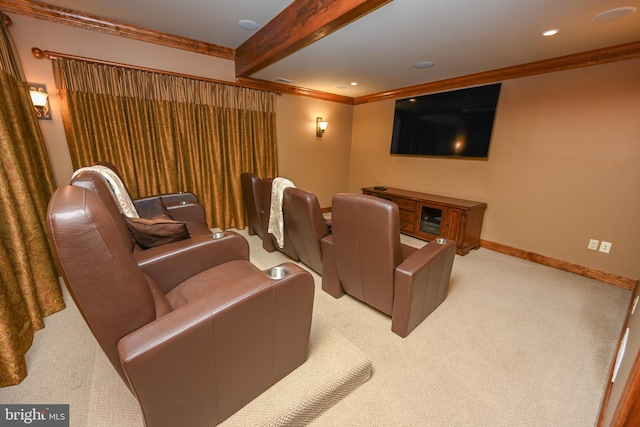 cinema featuring carpet floors, recessed lighting, ornamental molding, beamed ceiling, and baseboards