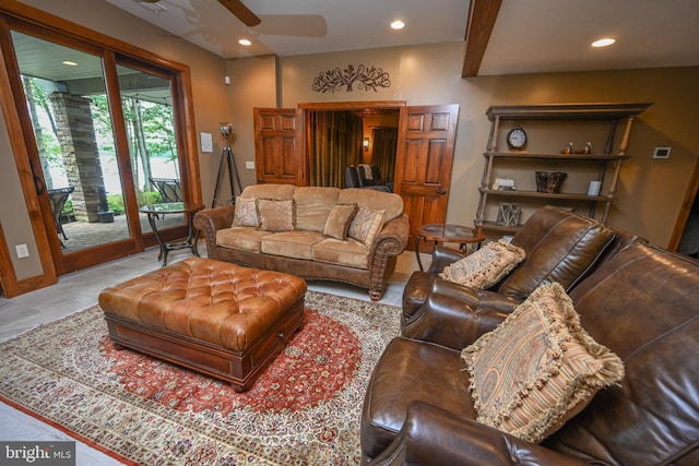 living room with recessed lighting and ceiling fan