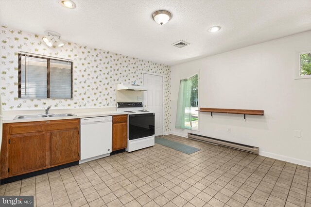 kitchen with white appliances, light tile patterned floors, a baseboard heating unit, custom exhaust hood, and sink