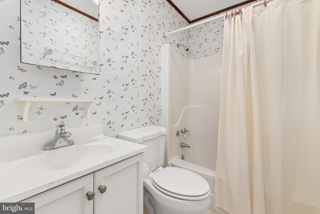 full bathroom with vanity, toilet, and shower / bath combo with shower curtain