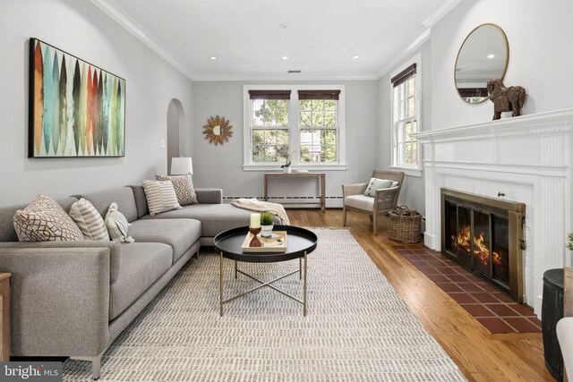 living room featuring wood-type flooring and ornamental molding