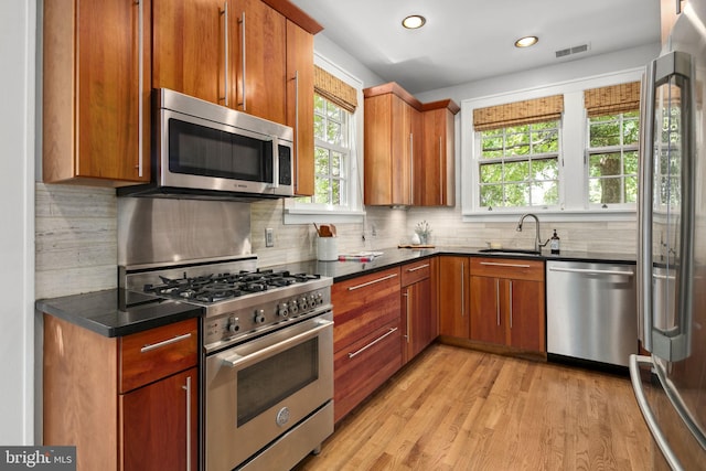 kitchen with stainless steel appliances, sink, light hardwood / wood-style flooring, and a wealth of natural light