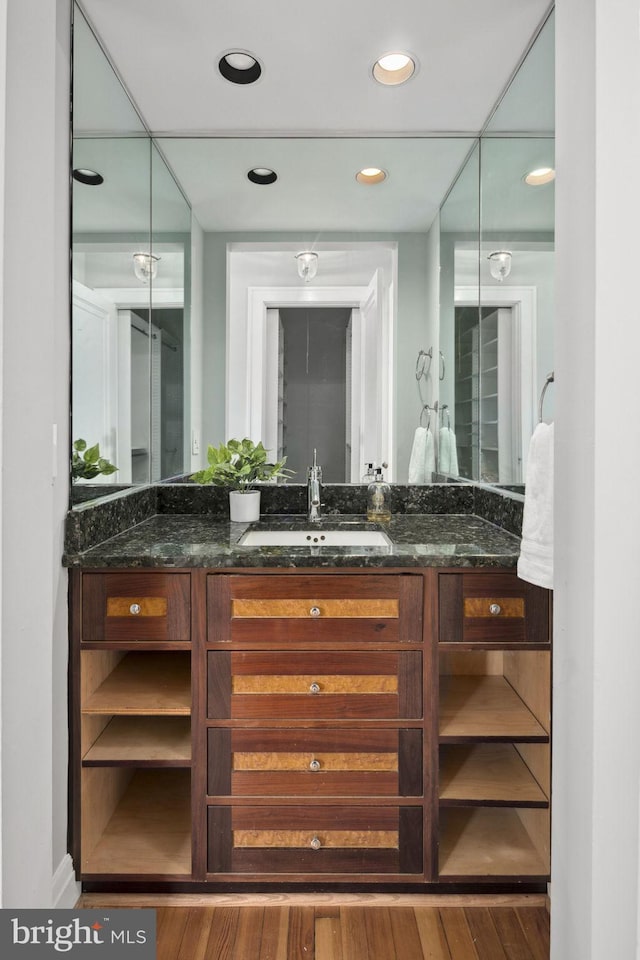 bathroom featuring vanity and wood-type flooring