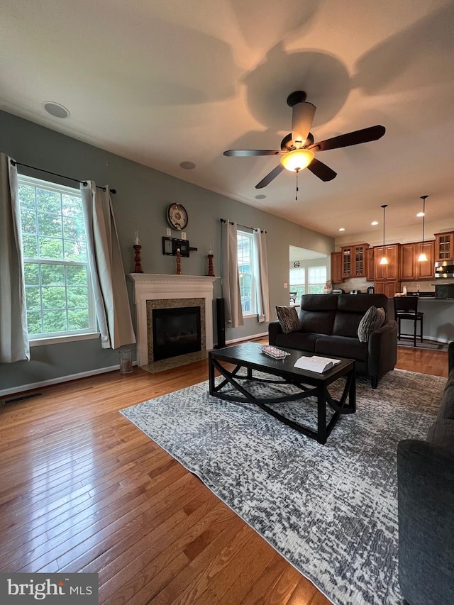 living room with hardwood / wood-style flooring, ceiling fan, and a fireplace