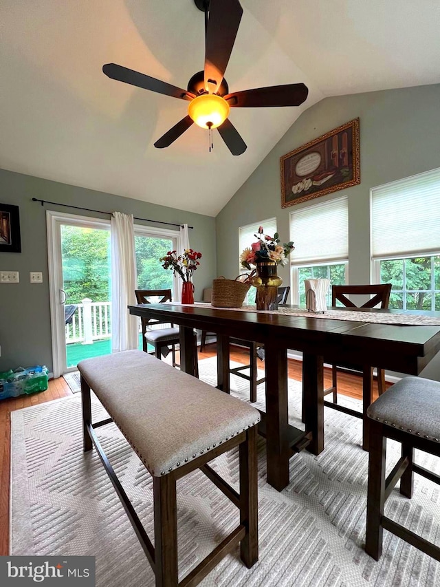 dining area featuring a healthy amount of sunlight, light hardwood / wood-style floors, and vaulted ceiling