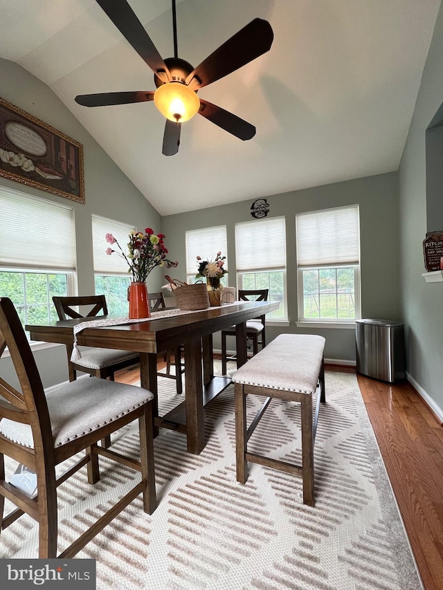 dining space with vaulted ceiling, plenty of natural light, and light hardwood / wood-style floors