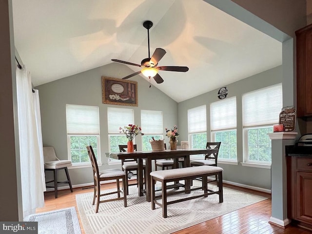 dining area with lofted ceiling, ceiling fan, and light wood-type flooring