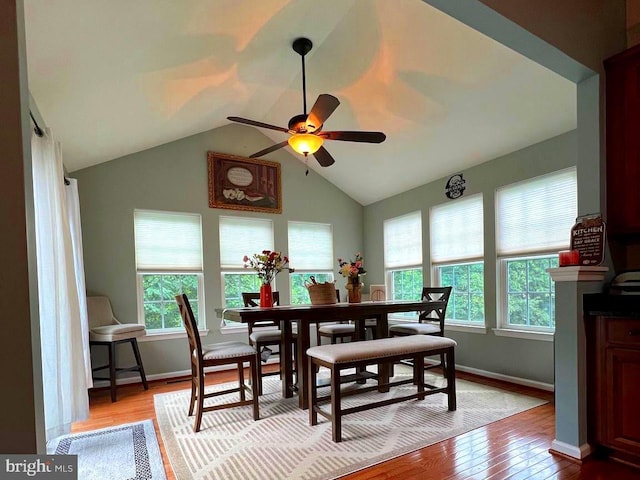 dining area featuring vaulted ceiling, ceiling fan, and light hardwood / wood-style flooring