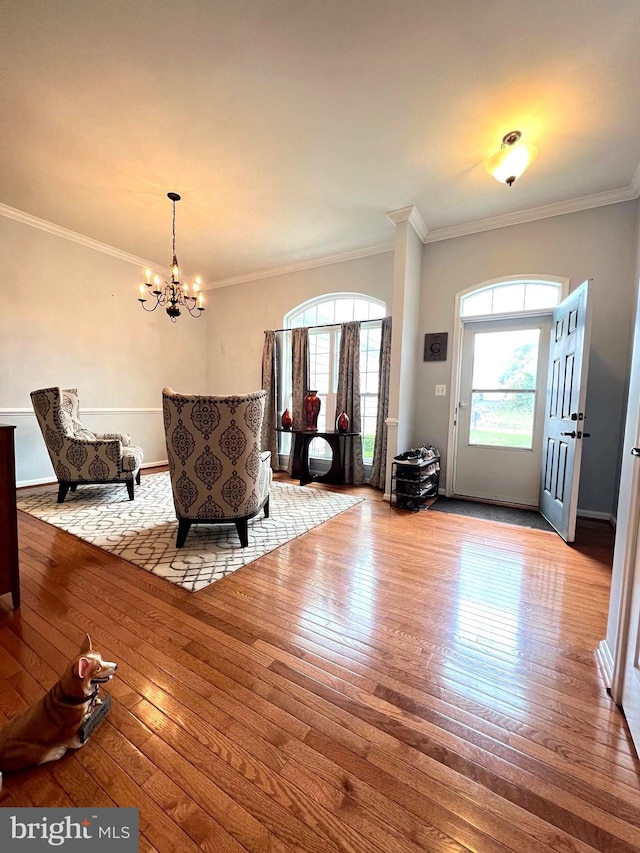 foyer entrance featuring crown molding, hardwood / wood-style floors, a notable chandelier, and a wealth of natural light