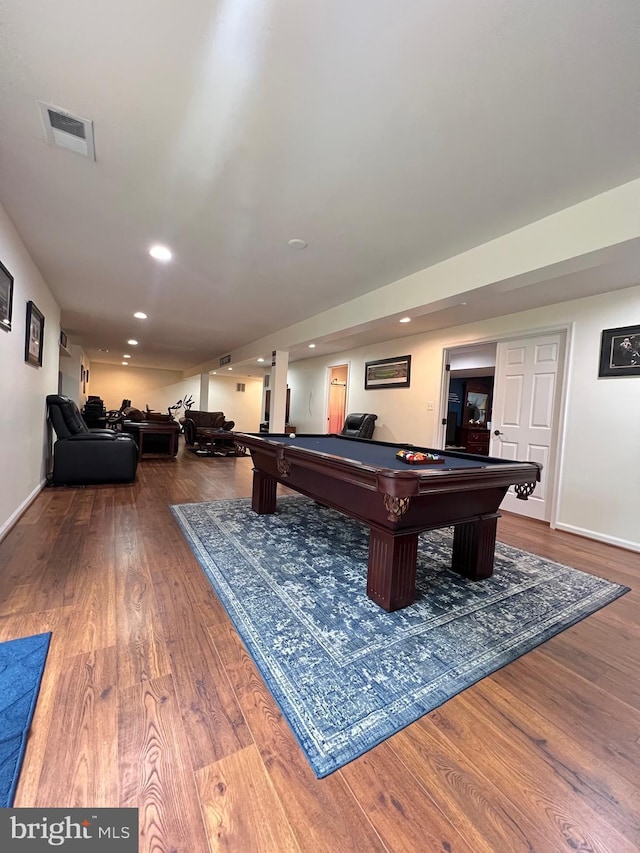 recreation room featuring hardwood / wood-style flooring and pool table