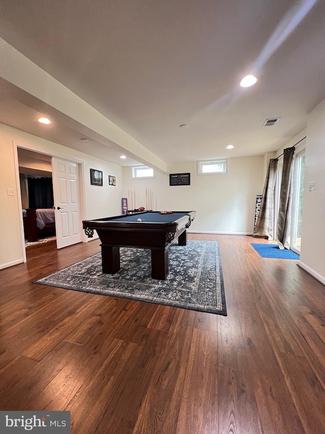 rec room with dark wood-type flooring and billiards