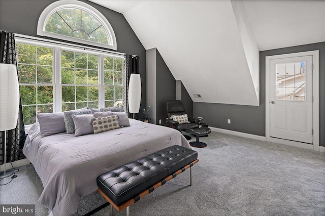 bedroom with lofted ceiling and carpet