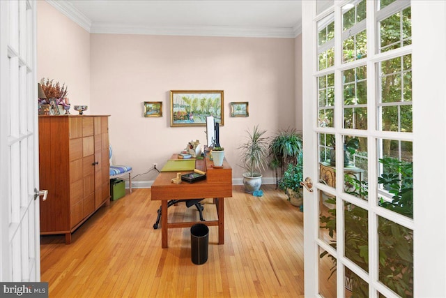 office space featuring ornamental molding and light hardwood / wood-style floors