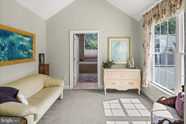 living area with vaulted ceiling and light colored carpet