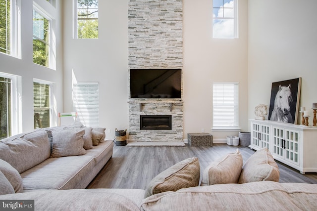 living room featuring a stone fireplace, hardwood / wood-style flooring, and a towering ceiling