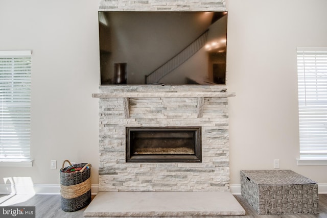 room details with a fireplace and hardwood / wood-style flooring