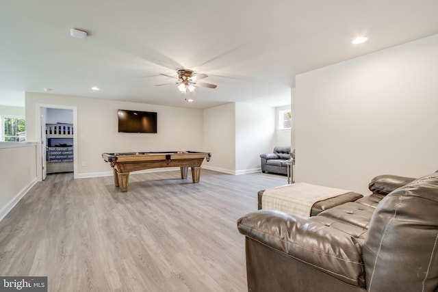 game room featuring light hardwood / wood-style flooring, billiards, and ceiling fan