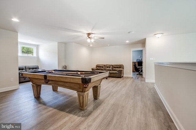 rec room featuring ceiling fan, light hardwood / wood-style flooring, and billiards