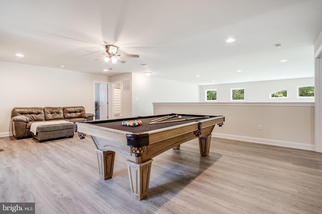 recreation room featuring pool table, light hardwood / wood-style flooring, and ceiling fan