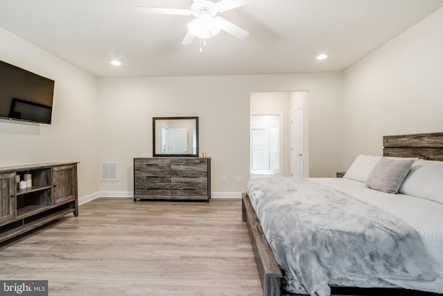 bedroom with light hardwood / wood-style floors and ceiling fan