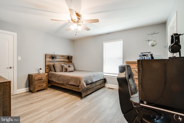 bedroom with ceiling fan and light wood-type flooring