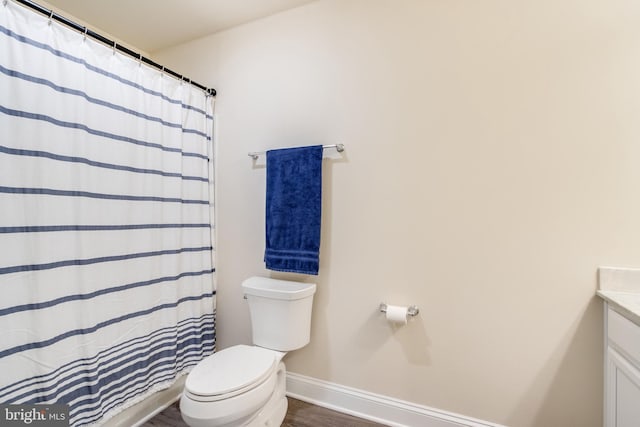 bathroom featuring vanity, wood-type flooring, and toilet