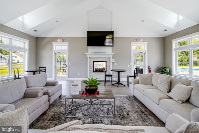 living room with wood-type flooring and high vaulted ceiling