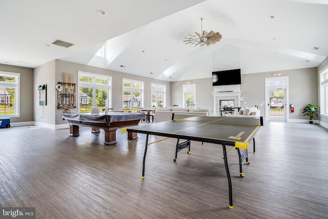 playroom featuring a healthy amount of sunlight, wood-type flooring, billiards, and high vaulted ceiling