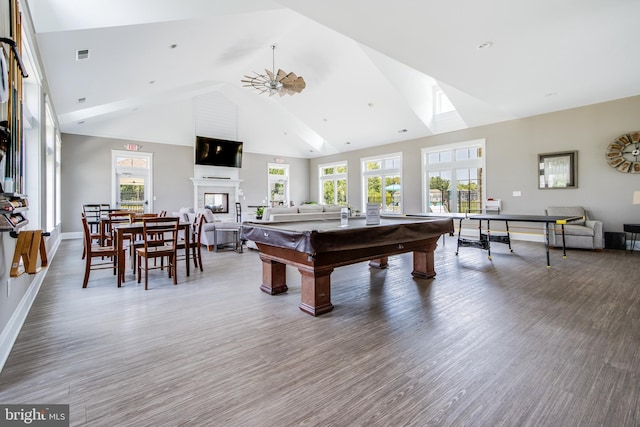 game room with high vaulted ceiling, ceiling fan, wood-type flooring, and billiards