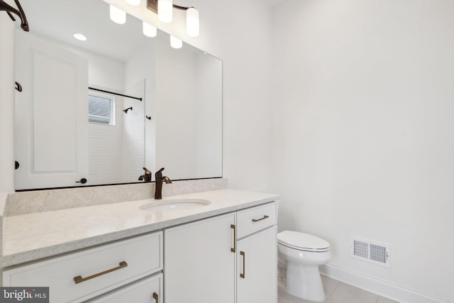 full bathroom featuring toilet, vanity, visible vents, a shower, and tile patterned floors