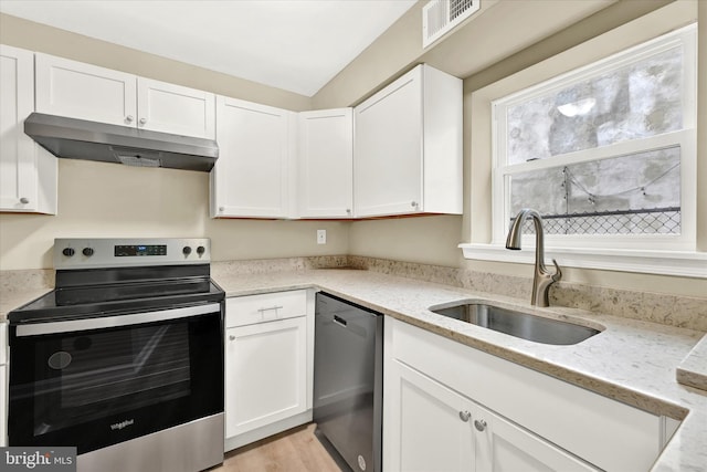 kitchen with white cabinetry, sink, stainless steel electric range, and dishwasher