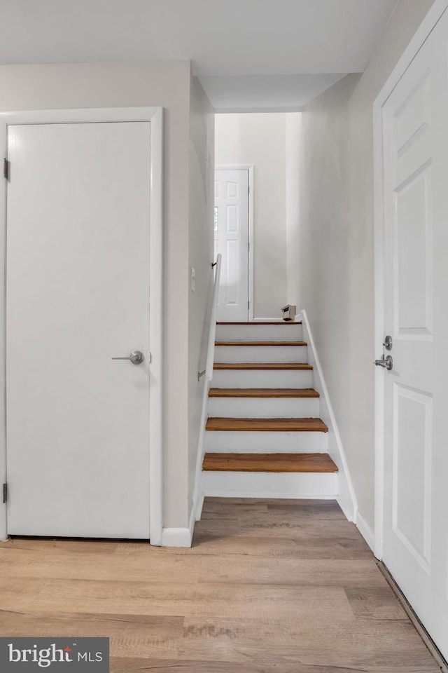 stairway with hardwood / wood-style floors