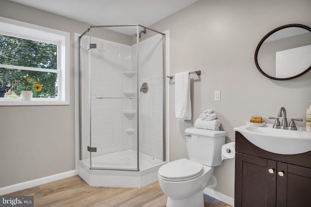 bathroom with hardwood / wood-style flooring, vanity, toilet, and walk in shower