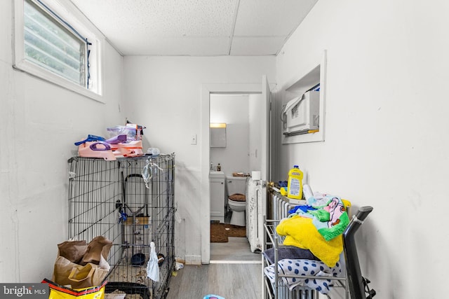 miscellaneous room featuring a drop ceiling and hardwood / wood-style flooring