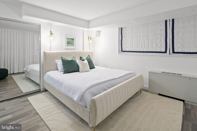 bedroom with radiator heating unit and light hardwood / wood-style flooring