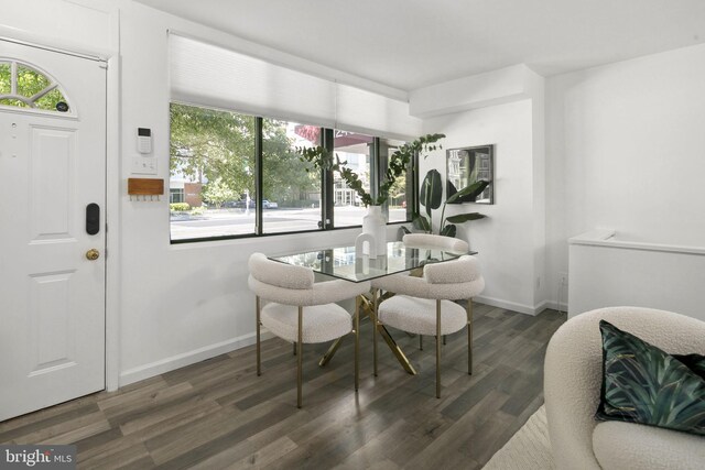 dining area with dark wood-type flooring