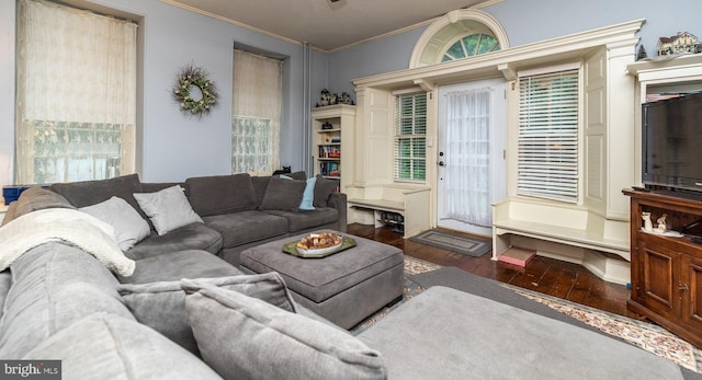 living room with dark wood-type flooring and ornamental molding